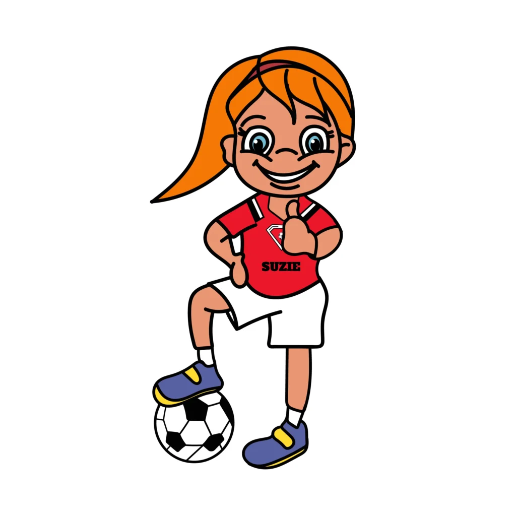 Young Girl with Super Strikers Football jersey one with a ball underfoot with a thumbs up