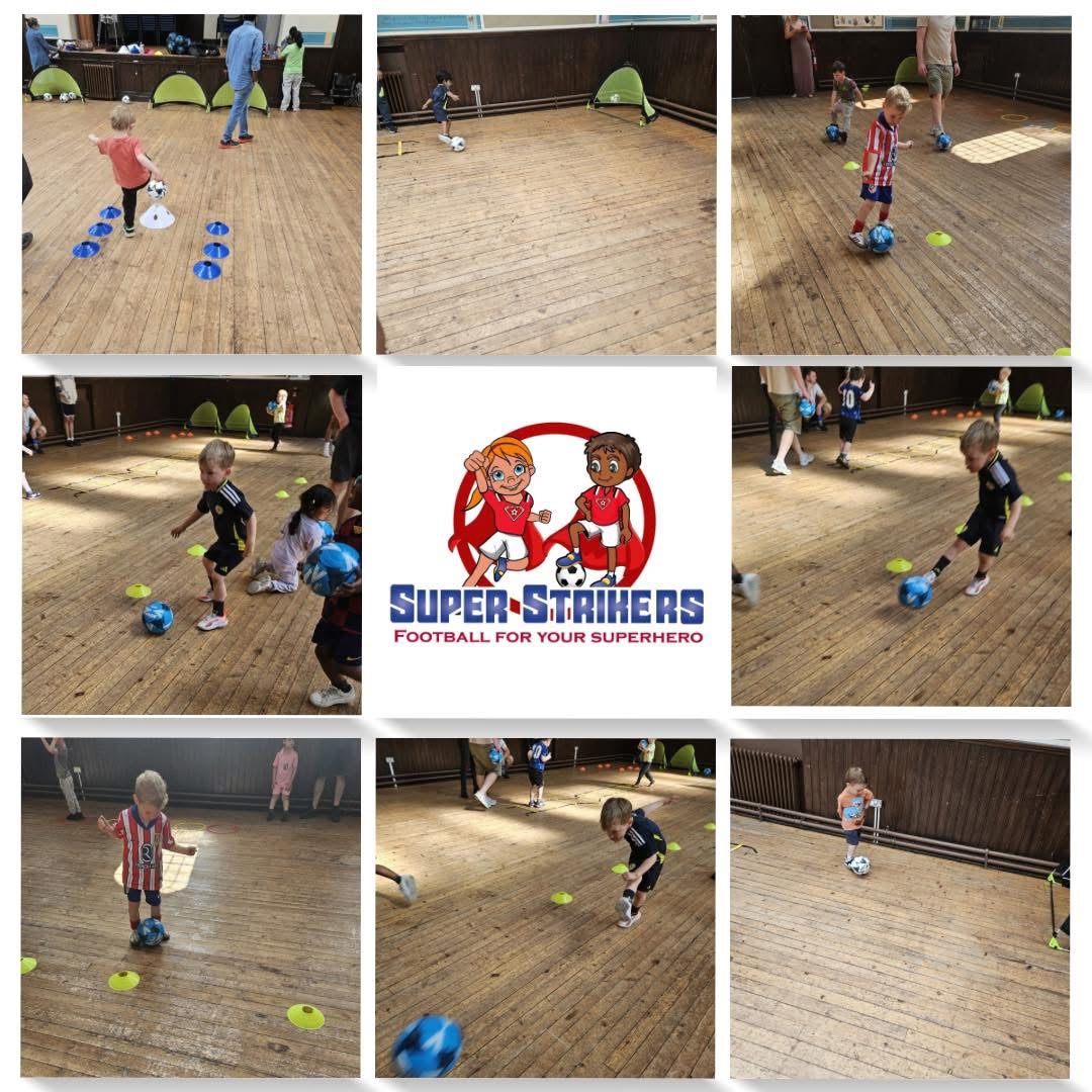 Collage of kids playing soccer at Super Strikers football camp in Edinburgh